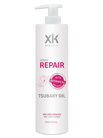 Champú Reparador Xik Hair 500ml con aceite de tsubaki, tratamiento hidratante y reparador para cabellos dañados. Ideal para recuperar la suavidad y el brillo en cabello seco o dañado.