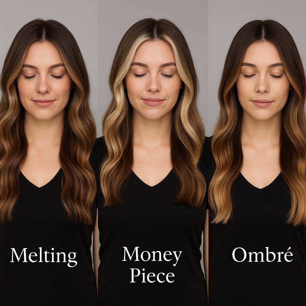 Tres estilos de mechas en una sola imagen: melting, money piece y ombré, cada uno mostrado en una modelo con fondo neutro.