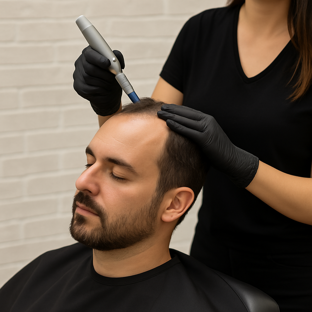 Hombre recibiendo tratamiento de mesoterapia capilar anticaída con Dermapen en centro estético de Málaga, Grupo Almagro.