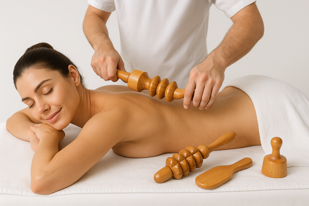 Mujer en Málaga recibiendo maderoterapia facial con rodillo de madera para rejuvenecer la piel.