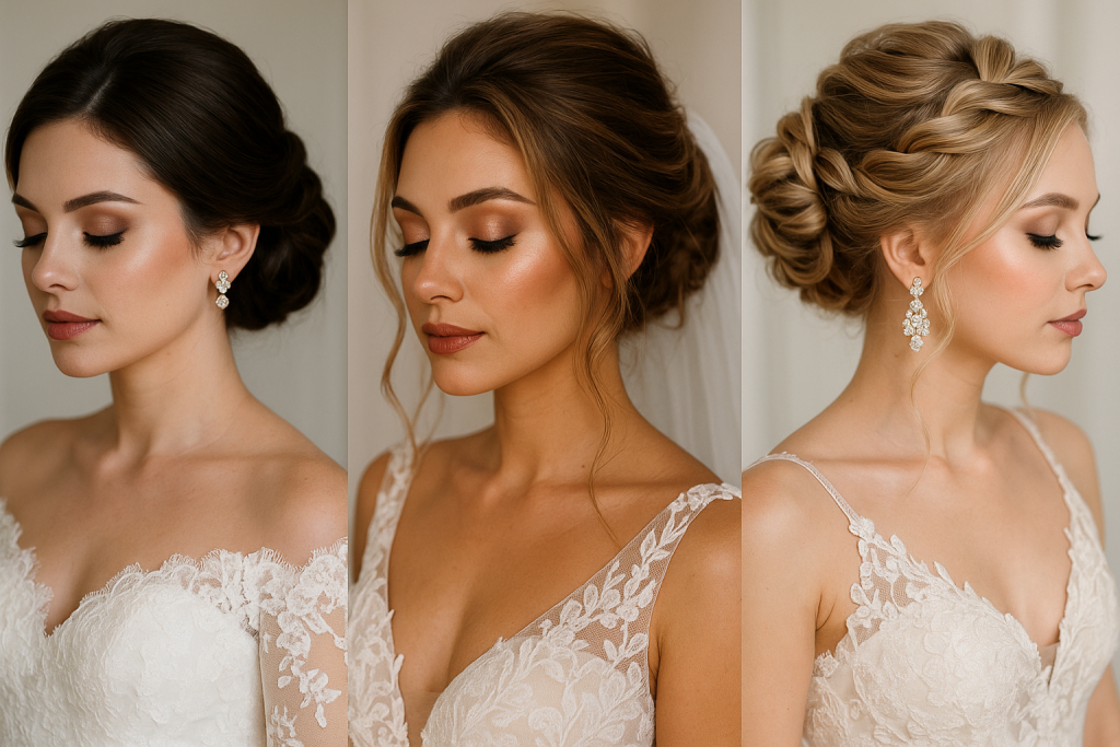 Novia con semirecogido de ondas suaves y maquillaje natural, luciendo un vestido de encaje.