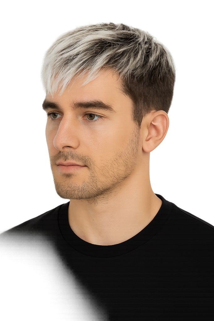 Joven con mechas blancas modernas en Málaga, servicio de mechas para caballeros en Grupo Almagro