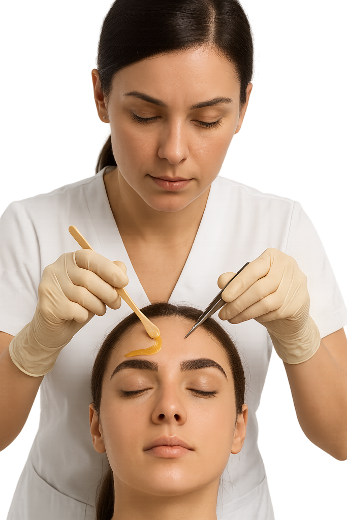 Esteticista realizando depilación de cejas con cera y pinzas – Grupo Almagro en Málaga
