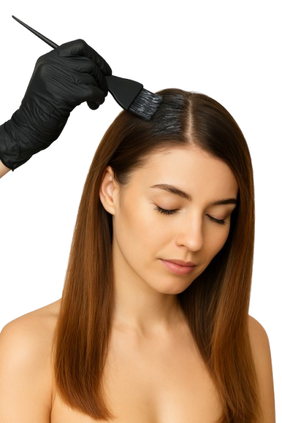 Aplicación de tinte en raíces con paletina profesional en peluquería de Málaga, tratamiento de coloración natural sin amoníaco.