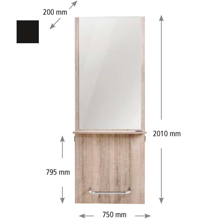 Tocador mural Eurostil MERCURY con espejo grande, estante y apoyapiés cromado. Diseño moderno y funcional para salones de peluquería y estética.