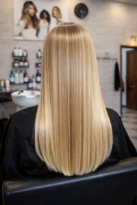 Tratamiento capilar profesional en lavacabezas en Grupo Almagro Málaga, cabello brillante y cuidado tras diagnóstico capilar personalizado.