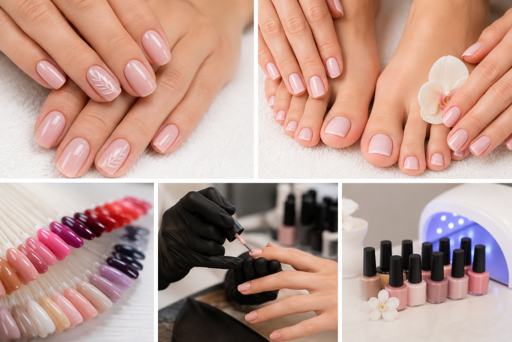 Collage de manicura y pedicura semipermanente profesional en Málaga con uñas nude brillantes, aplicación de esmalte semipermanente y amplia gama de colores.