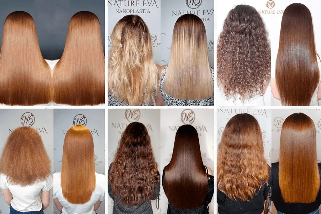 Imagen de nanoplastia capilar en Málaga con resultado antes y después. Cabello encrespado transformado en liso, brillante y suave en salón profesional.