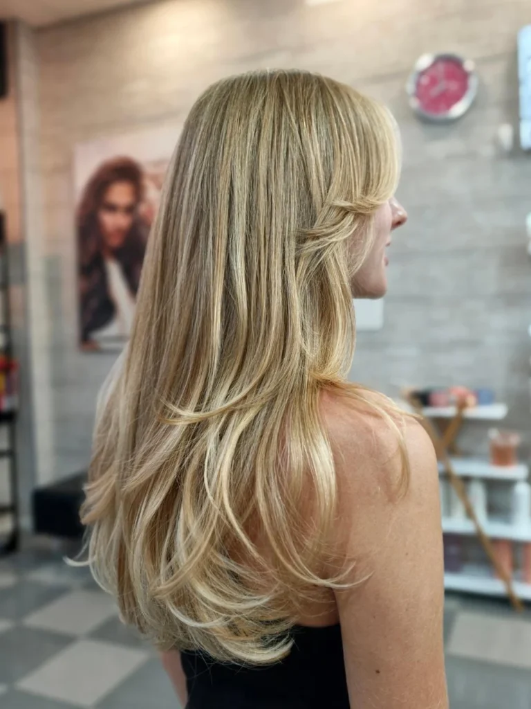Melena rubia con mechas y capas, vista de perfil en el salón.