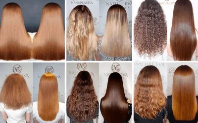Imagen de nanoplastia capilar en Málaga con resultado antes y después. Cabello encrespado transformado en liso, brillante y suave en salón profesional.